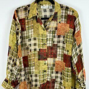 Style De Paris Top Blouse Size L Multicolor Long Sleeve Button Up Sheer Polyeste